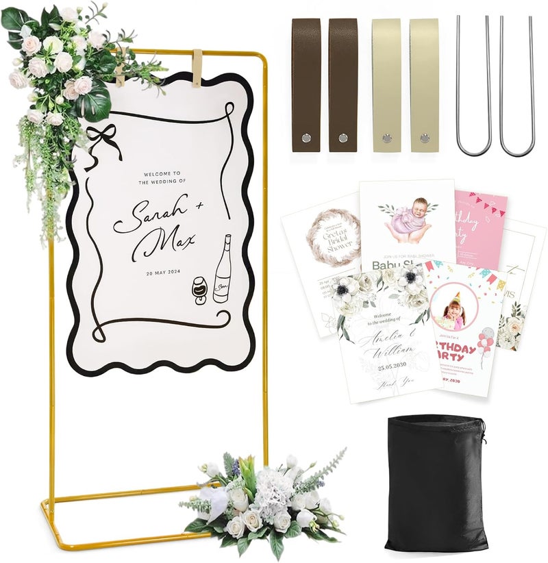 Victawks Wedding Welcome Sign Stand, Welcome to our Wedding Sign Holder, Gold Easel Stand for Sign Poster With Design Bundle & Ground Stakes & Leather Sign Hanging Straps, Linen Sign Stand for Wedding Decor - Image 1